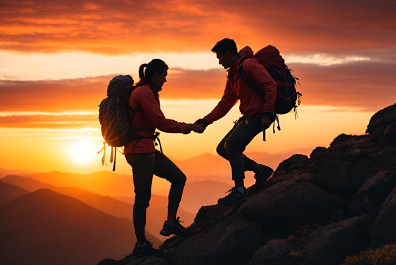 Explore Your Challenges - Silhouette of two hikers climbing up a mountain. One is reaching out a helping hand to the other.